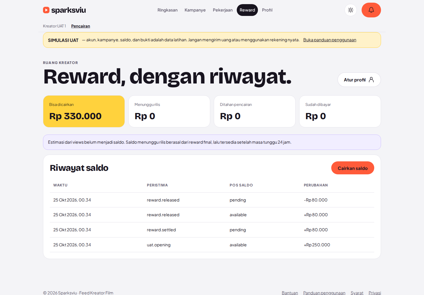 Tunggu reward menjadi saldo tersedia